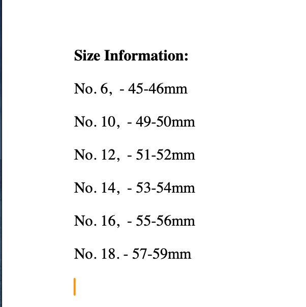 Size information chart with measurements in millimeters on a white background