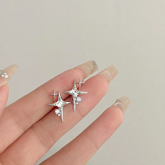 Silver Color Zircon Star Earrings - Island Of Jewels